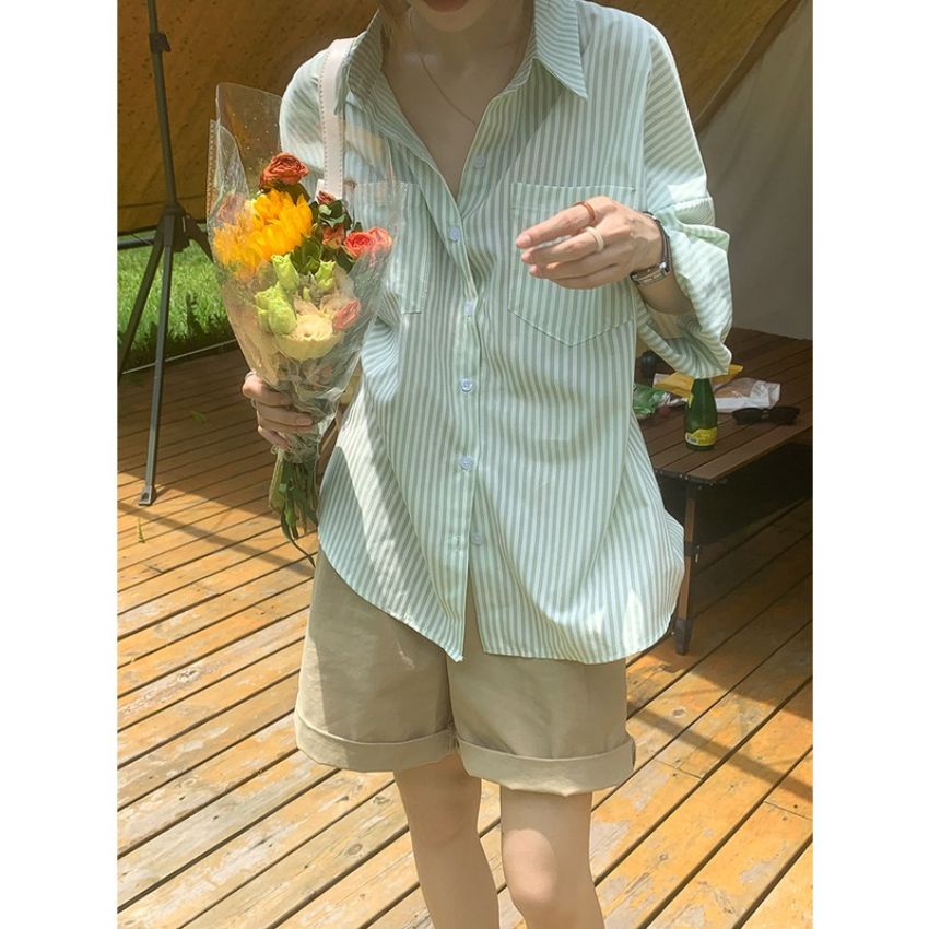 Áo sơ mi nữ tay dài họa tiết kẻ sọc thiết kế phong cách Retro Hàn Quốc trẻ trung dành cho nữ – kemi