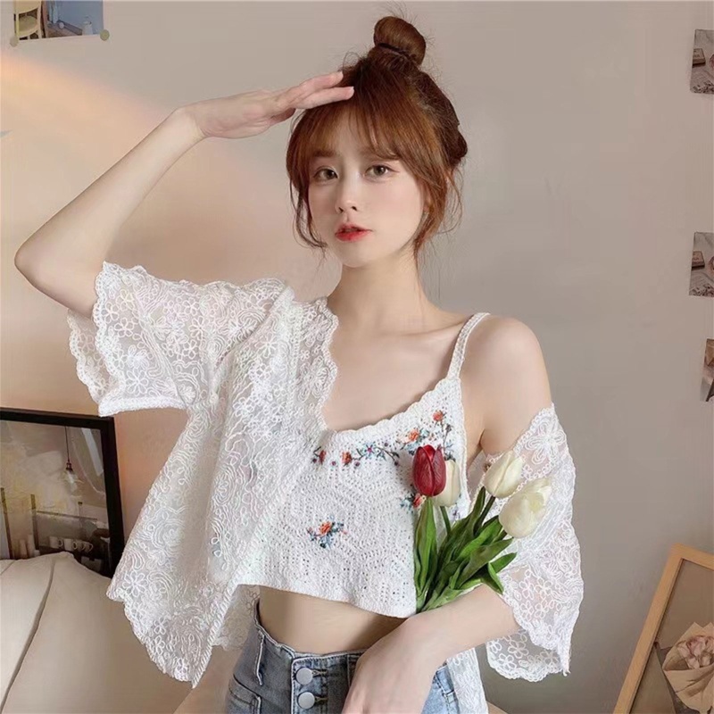 Áo Khoác Cardigan Chống Nắng Tay Dài Dáng Rộng Thêu Hoa Phối Ren Lỗ Cài Nút Thời Trang Cho Nữ