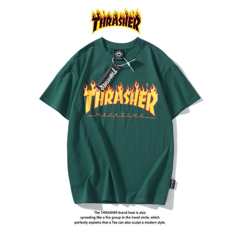 Áo thun cotton tay ngắn dáng rộng in họa tiết chữ Thrasher phong cách thể thao thời trang cho cặp đôi