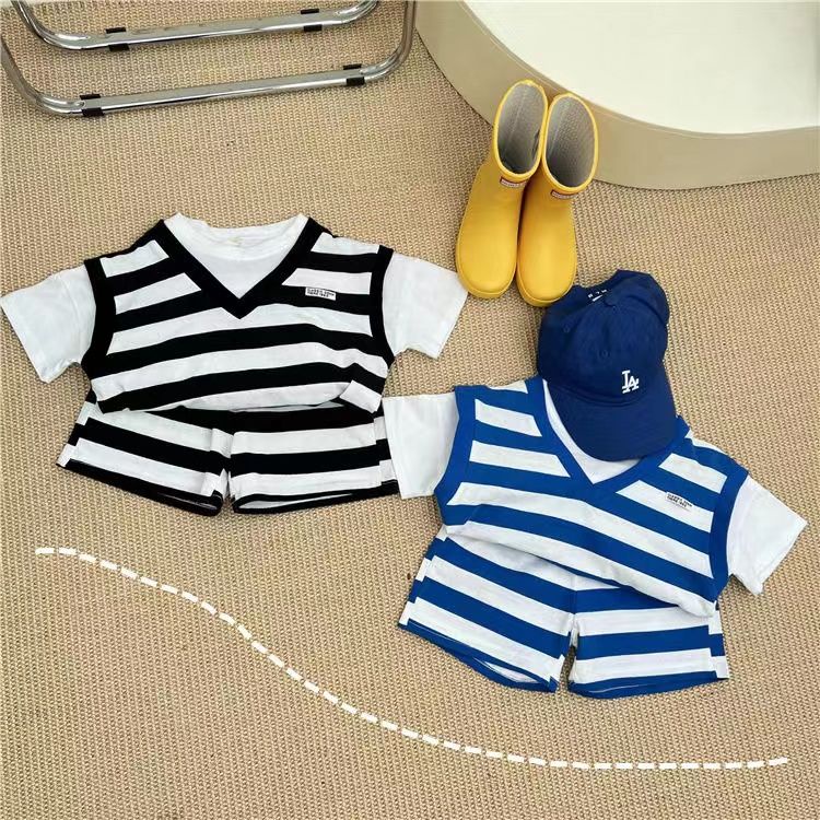 Set Đồ Thể Thao Mùa Hè 22 Món Gồm Áo Thun Tay Cộc Giả Hai Mảnh + Quần Ngắn Kẻ Sọc Màu Tương Phản Phong Cách Hàn Quốc Cho Bé Trai / Bé Gái