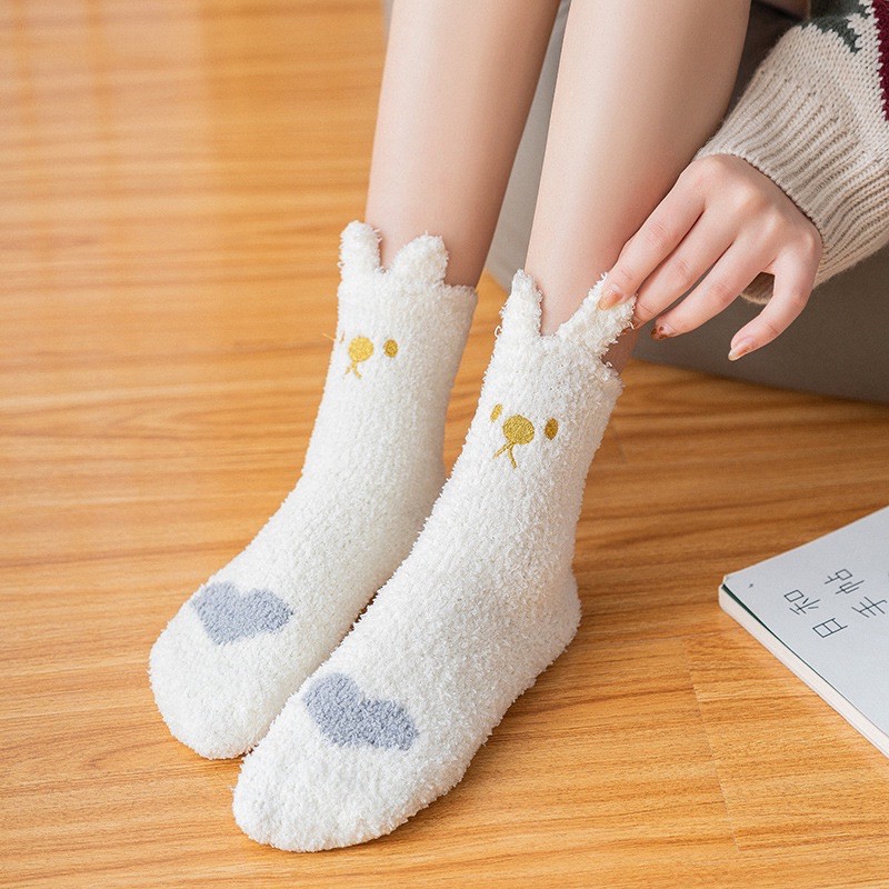 TLB02 Tất chân vớ nữ len bông xù tai mèo dấu chân mèo tim