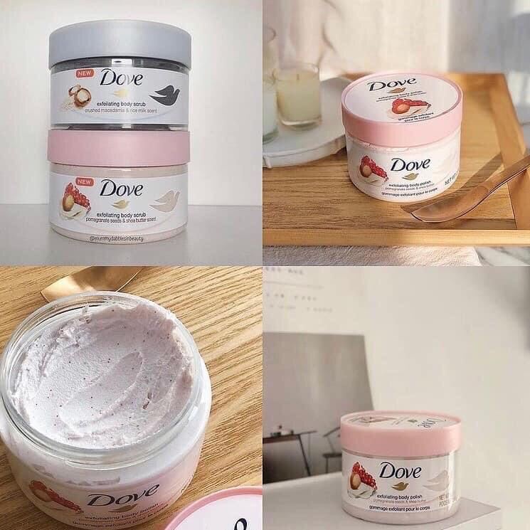 Tẩy tế bào chết body Dove Maca, Lựu dưỡng ẩm da mịn màng chống lão hoá 225ml
