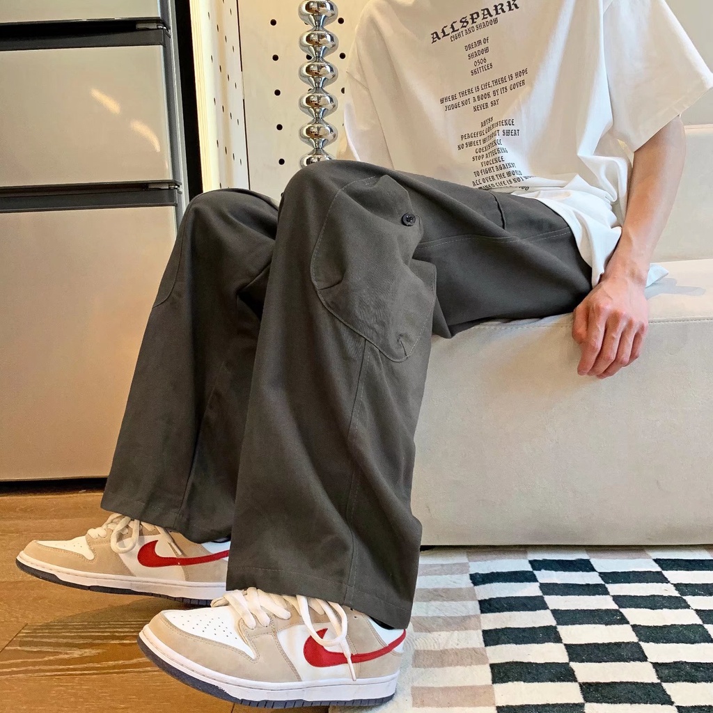 ♞AFF LIGA♞ Quần Dài Ống Rộng Có Túi Màu Trơn Thời Trang Dành Cho Nam