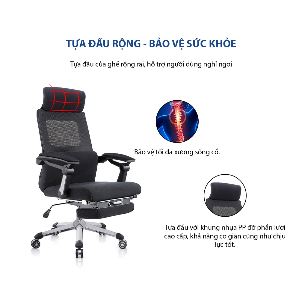 Ghế công thái học GOVI Ergonomic Plato PL08 - Thiết kế tựa đầu cố định, có gác chân, ngả lưng 90-180 độ