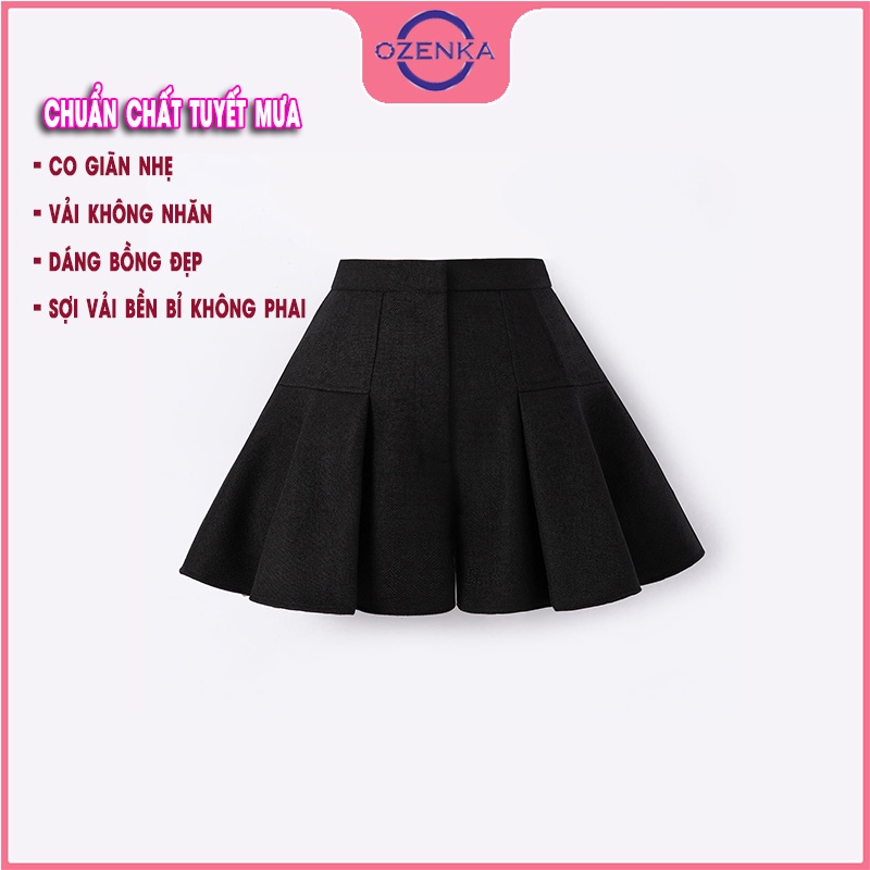 Quần short nữ rộng xếp ly khoá trước OZENKA , quần sooc đùi lưng cao dáng váy xoè màu đen trắng chất dày dặn size S M L