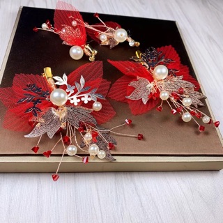 Sét 2 cài tóc cô dâu màu đỏ và hoa tai