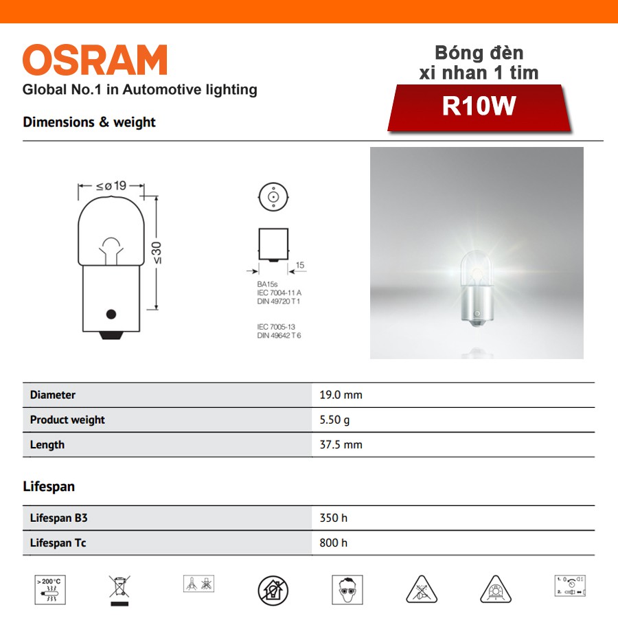 Combo 2 Bóng Đèn Xi Nhan 1 Tim OSRAM Original R10W 12V 10W (Chân Thẳng) - Nhập Khẩu Chính Hãng