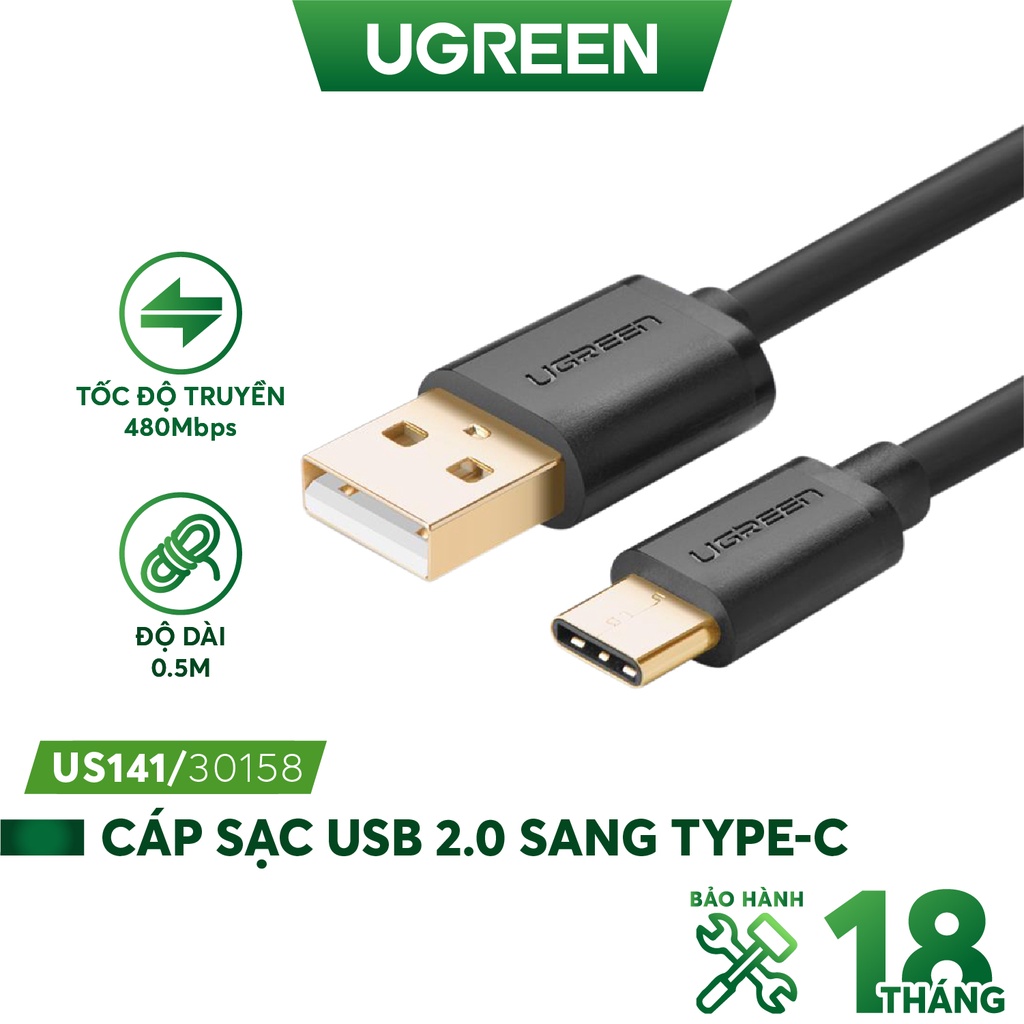 Dây cáp sạc và truyền dữ liệu USB 2.0 sang USB Type-C dài từ 0.25-3m UGREEN US141 - Hàng phân phối chính hãng - Bảo hành