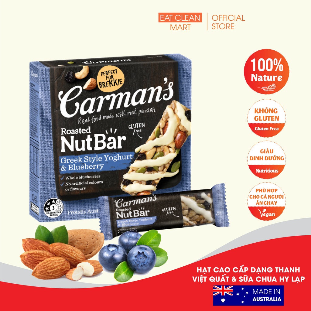 Thanh Hạt Dinh Dưỡng Carman's Nut Bar Greek Style Yoghurt, Blueberry - Sữa Chua Hy Lạp, Việt Quất - 160g