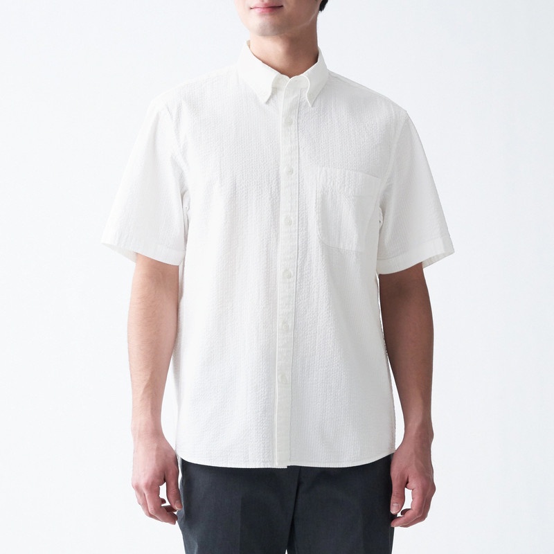 Muji Áo Sơ Mi Vải Seersucker Washed Cổ Cài Nút Ngắn Tay