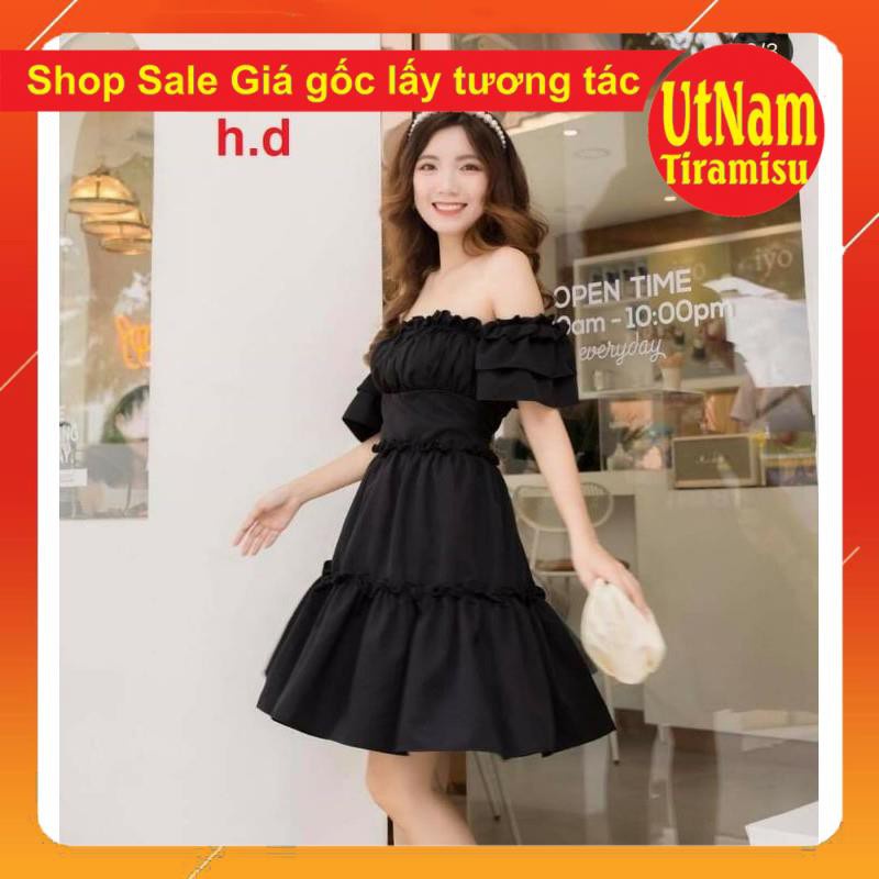 ( Sẵn) Đầm dự tiệc trễ vai tay bồng 3 tầng bèo Dáng xòe, Váy Tiểu Thư Trắng Trễ Vai or Cổ Vuông Vintage 2 màu Đen, Trắng