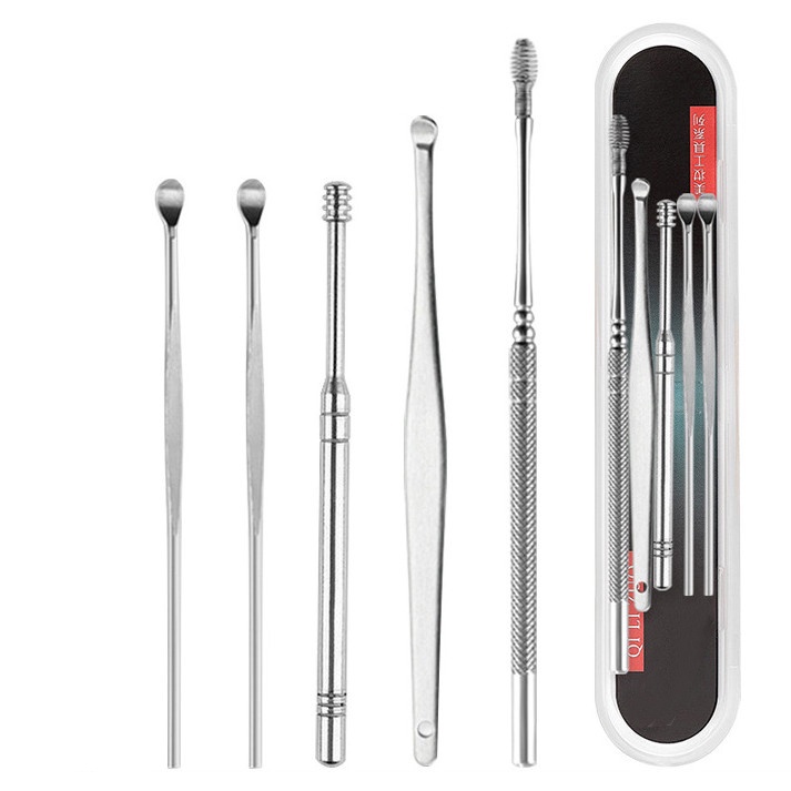Bộ lấy ráy tai, bộ dụng cụ ngoáy tai 6 món chuyên nghiệp Inox kèm hộp (Chọn Phân Loại)