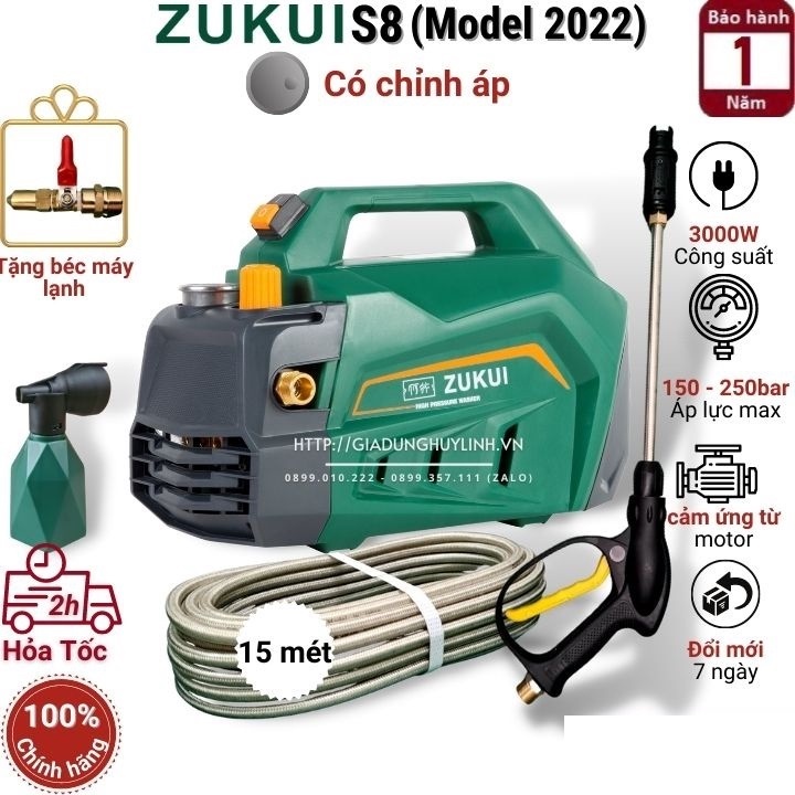 Máy xịt rửa xe chỉnh áp Zukui S8 - 3000W - Model 2022 - Tặng béc rửa máy lạnh, điều hoà