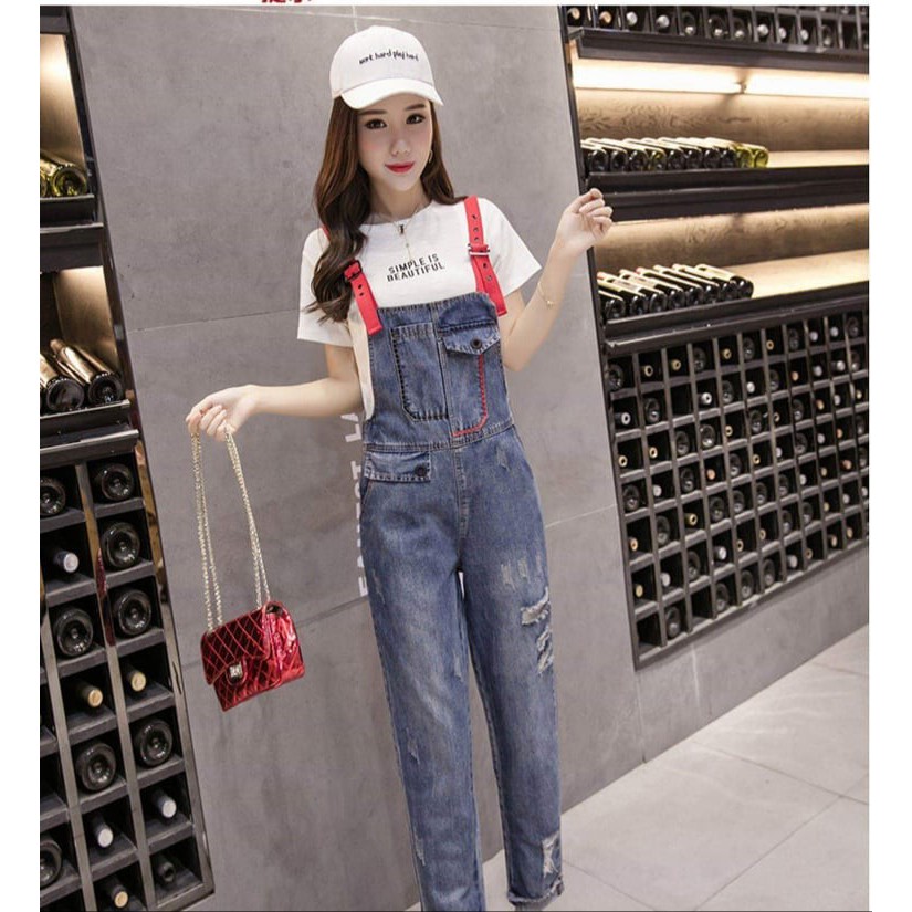 Set Quần Yếm Jean Rách kèm Áo Thun Cotton hàng nhập Quảng Châu chuẩn form