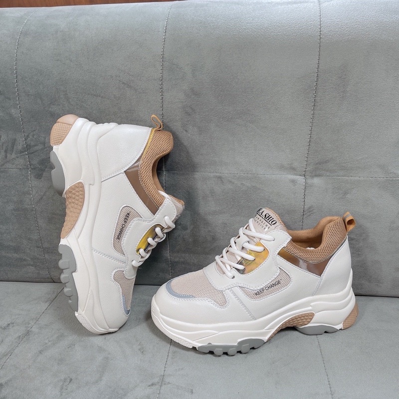 Giày thể thao độn đế nữ sneaker trắng pha nâu fullbox