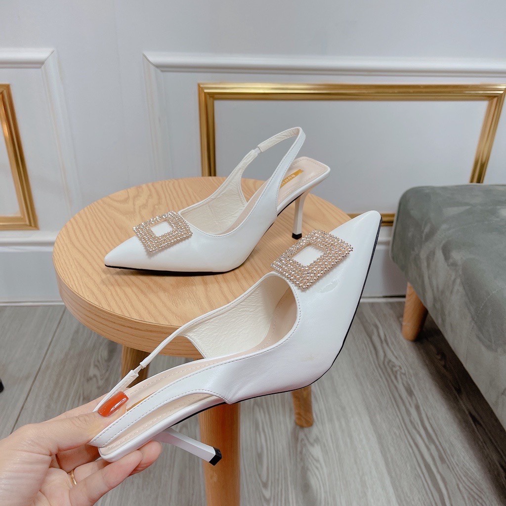 Sandal bít mũi nhọn nơ đá vuông các dáng gót đũa nhỏ - 7P