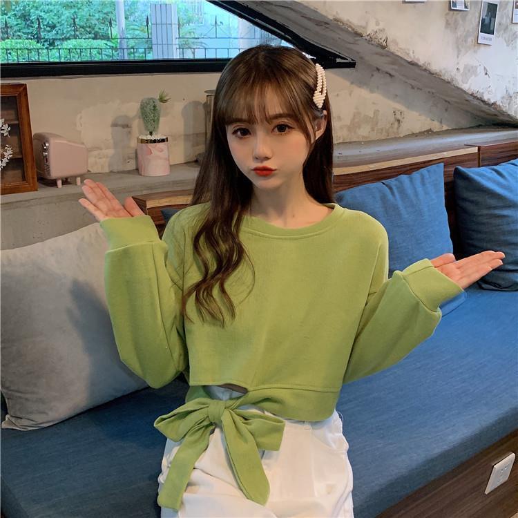 Áo Sweater Cotton Mỏng Tay Dài Dáng Rộng Lưng Cao Màu Trơn Thời Trang Hàn Quốc 2022 Cho Nữ