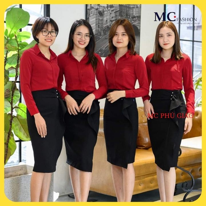 Áo Sơ Mi Nữ Cao Cấp Mc Fashion Đẹp Dài Tay Trơn Màu Xám Xanh Đậm Xanh Lơ Hồng Ruốc Đô Chuẩn Hãng Mc Fashion A686