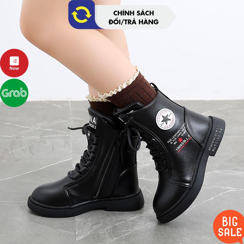 Giày trẻ em cổ cao da mềm êm chân bé trai bé gái sành điệu size 27-38 màu Đen Đỏ Bốt cho bé gái bé trai thời trang 2022