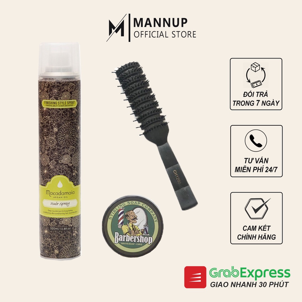Combo Gôm Xịt Tóc Macadamaia 320ml + Wax Vuốt Tóc Barbershop + Lược Tạo Kiểu Tóc Chaoba CH1200 - Hàng Chính Hãng