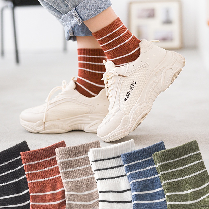 WAFNHA D55 Vớ Cotton Mỏng Cổ Vừa Kẻ Sọc Thời Trang Cho Nữ