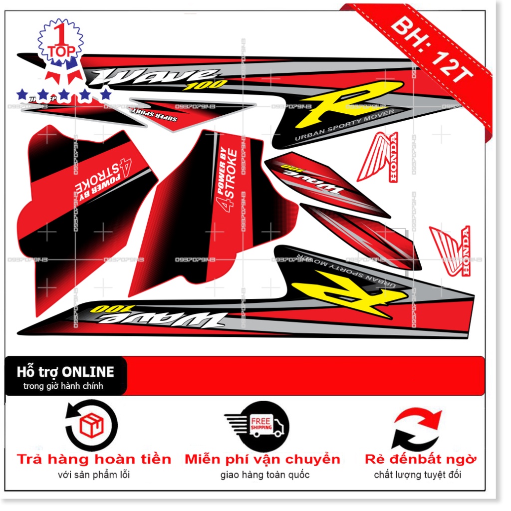 ( Quí khách vui lòng mang ra tiệm cho thợ dán ) Tem wave chữ R đỏ đen