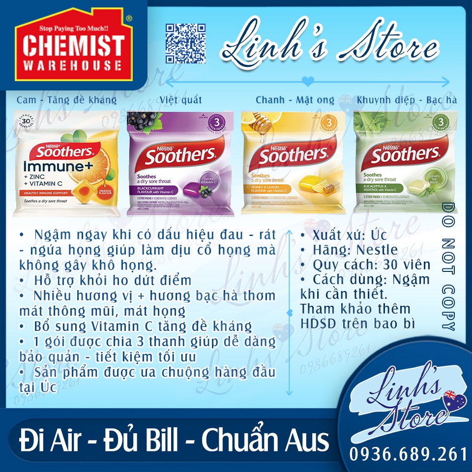 Viên kẹo ngậm ho Anticol / Soothers - 30 viên - Vitamin C ĐỦ VỊ 💙 Chemist Warehouse - Úc | linhsstore