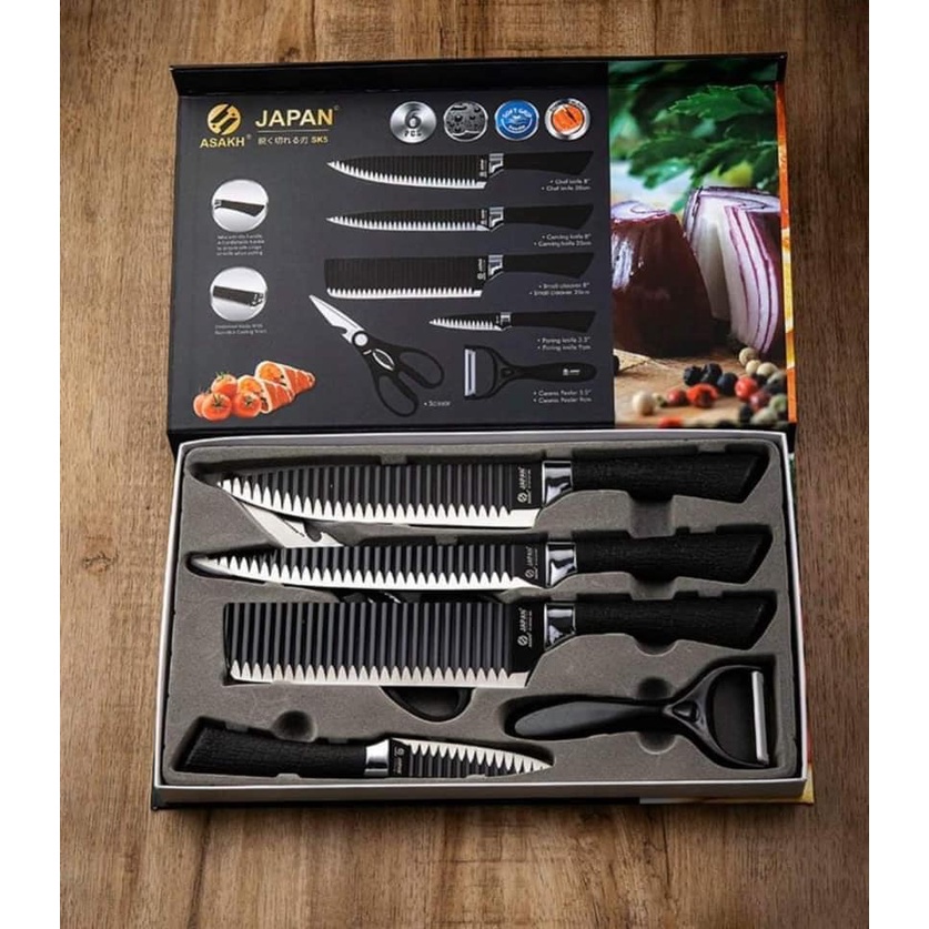 Bộ Dao Nhật 6 Món Cao Cấp Dùng Cho Nhà Bếp Sắc Bén Chất Liệu Crom Chống Gỉ