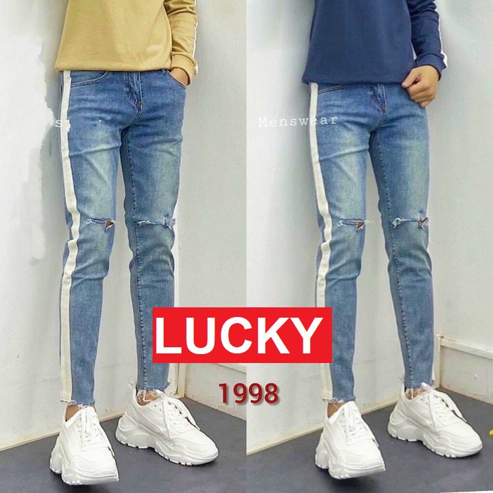 QUẦN JEAN NAM CHẤT BÒ XANH RÁCH GỐI VIỀN TUA CHÂN KJ1998 LUCKY SHOP | BigBuy360 - bigbuy360.vn