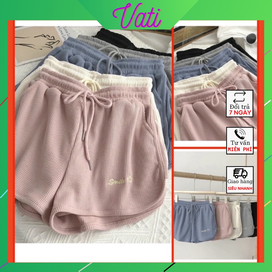 Quần Đùi Thêu Smile[ Freeship]  Quần sooc chất tổ ong unisex dày dặn phong cách Ulzzang