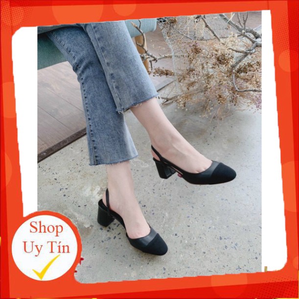 Sandal bít mũi da mịn khoét cạnh gót cao - 5P
