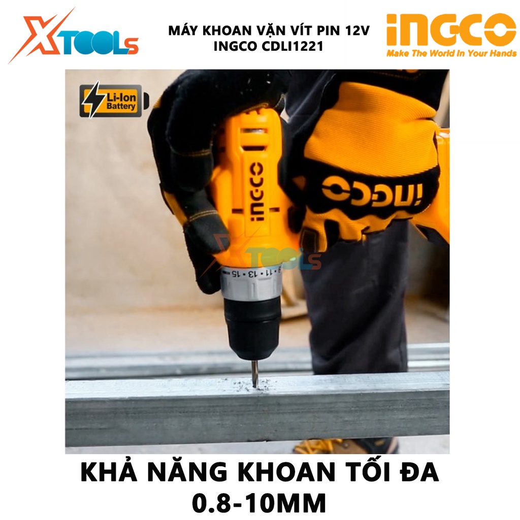 Máy khoan pin cầm tay 12v 10mm Ingco CDLI1221 tốc độ 1350v/p, lực siết 25nm, khả năng khoan 10mm, nhông 2 tốc độ, kèm 1