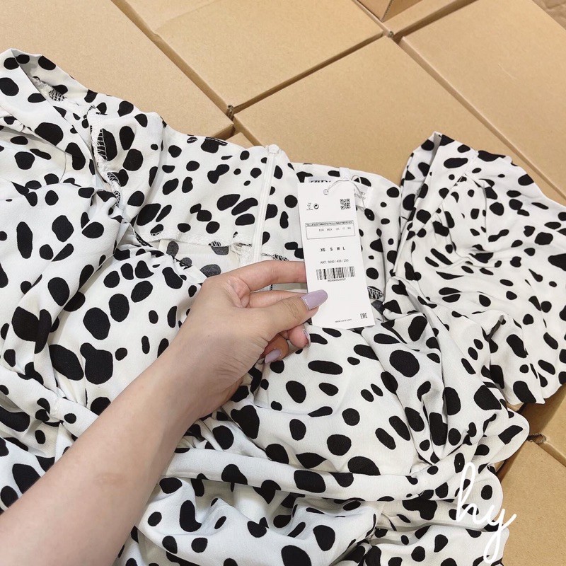 🍓Váy chấm bi đen - trắng cổ vuông dúm đuôi cá ( ảnh thật, cận chất) | BigBuy360 - bigbuy360.vn