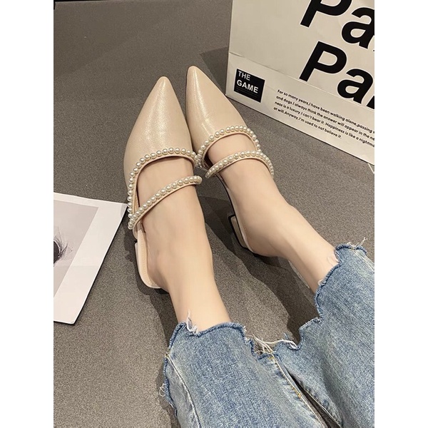 [Free Ship] Giày sục nữ gót thấp mũi nhọn phối 2 dây chéo đính hạt ngọc bản nhỏ TT40 shose_fashion13