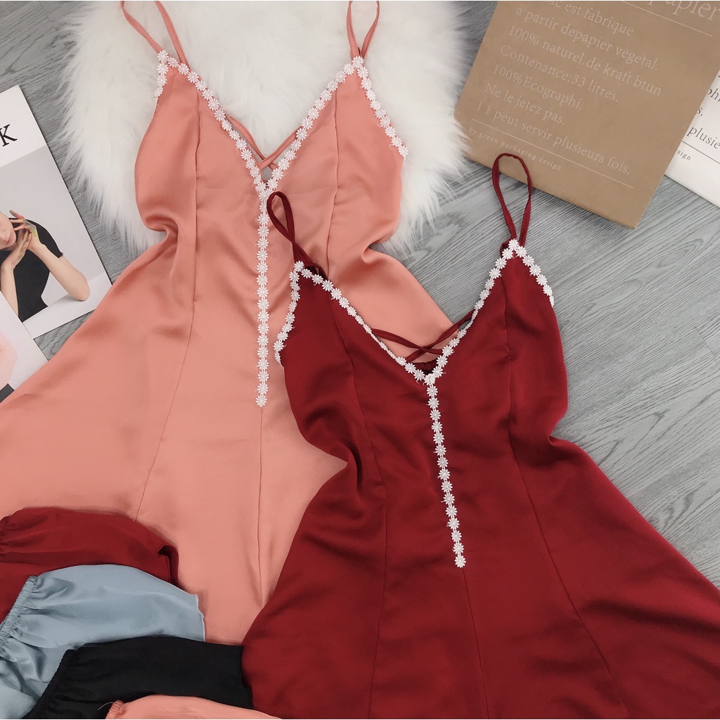Váy ngủ sexy - Váy ngủ dây chéo ngực chất satin mềm mại freesize - Linuq Sleepwear