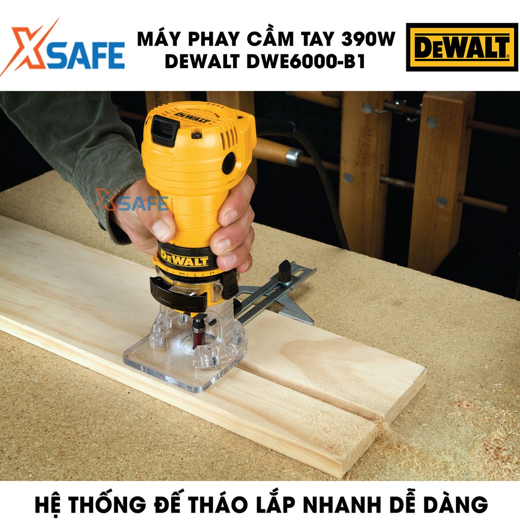 Máy phay DEWALT DWE6000-B1 390W hệ thống đế tháo lắp dễ dàng, công tắc thông minh thuận tiện