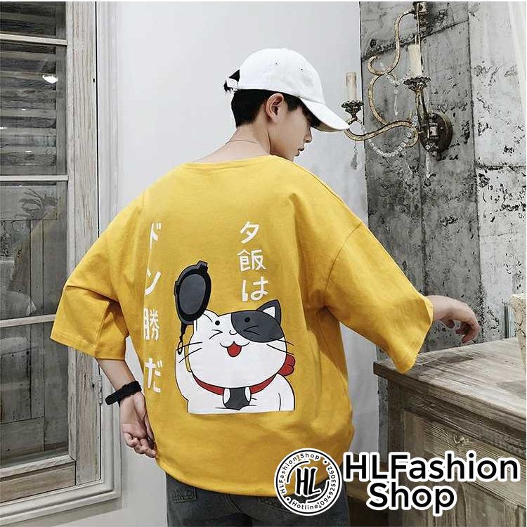 Áo thun tay lỡ form rộng con mèo nhật bản cầm cái chảo dễ thương đáng yêu, áo phông in HLFashion | BigBuy360 - bigbuy360.vn