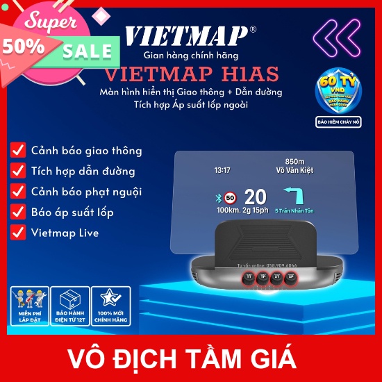 VIETMAP H1AS Free lắp HCM - Màn hình HUD Cảnh Báo Giao Thông + Áp Suất Lốp thumbnail