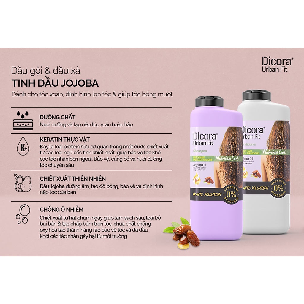 Cặp Dầu Gội Xả Dành Cho Tóc Xoăn Dicora Urban Fit Chiết Xuất Tinh Dầu Jojoba 400ml
