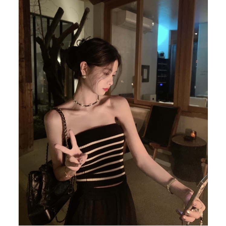 QADCOL Áo Hai Dây Dệt Kim Kẻ Sọc Xinh Xắn Cho Nữ