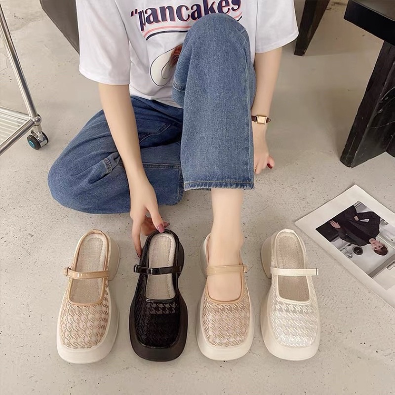 Giày búp bê mõm tròn đạp gót quai ngang đế cao 5cm