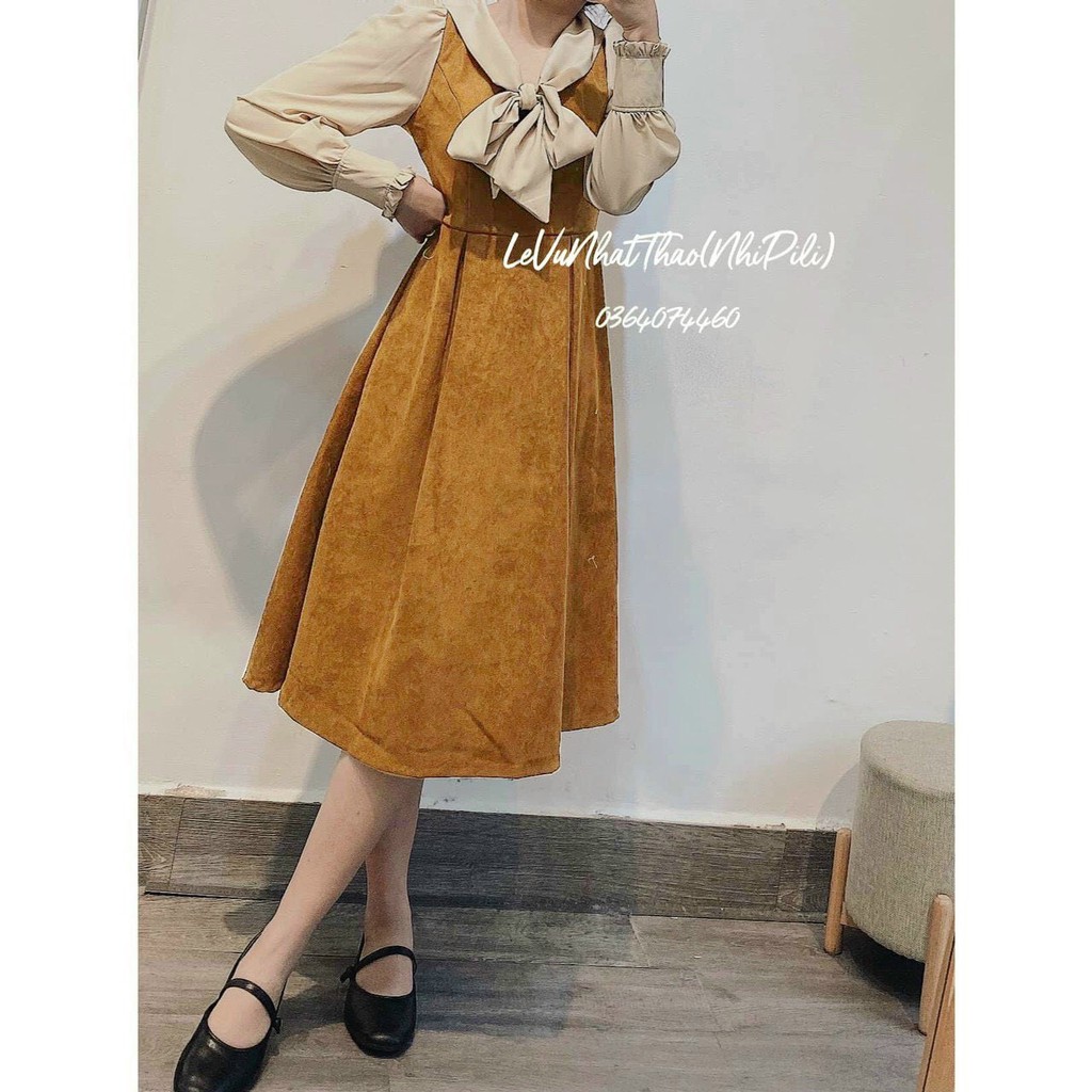 váy nhung da lộn tay dài cổ thắt nơ dáng xòe đầm thiết kế kiểu dáng thời trang sang chảnh hàng QCCC CH045