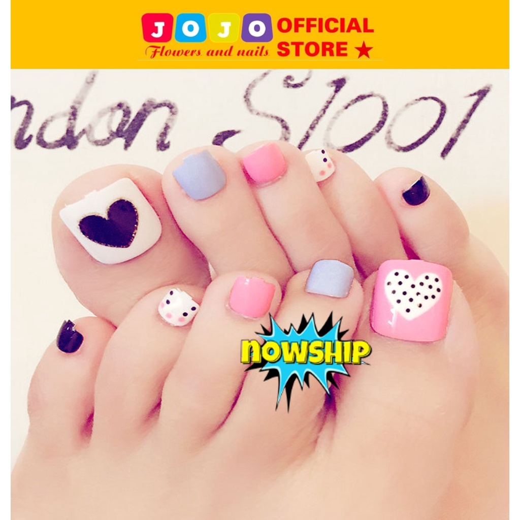 Set 24 móng chân giả họa tiết hoa 3D Jojo shop móng giả thời trang kèm keo tự làm tại nhà