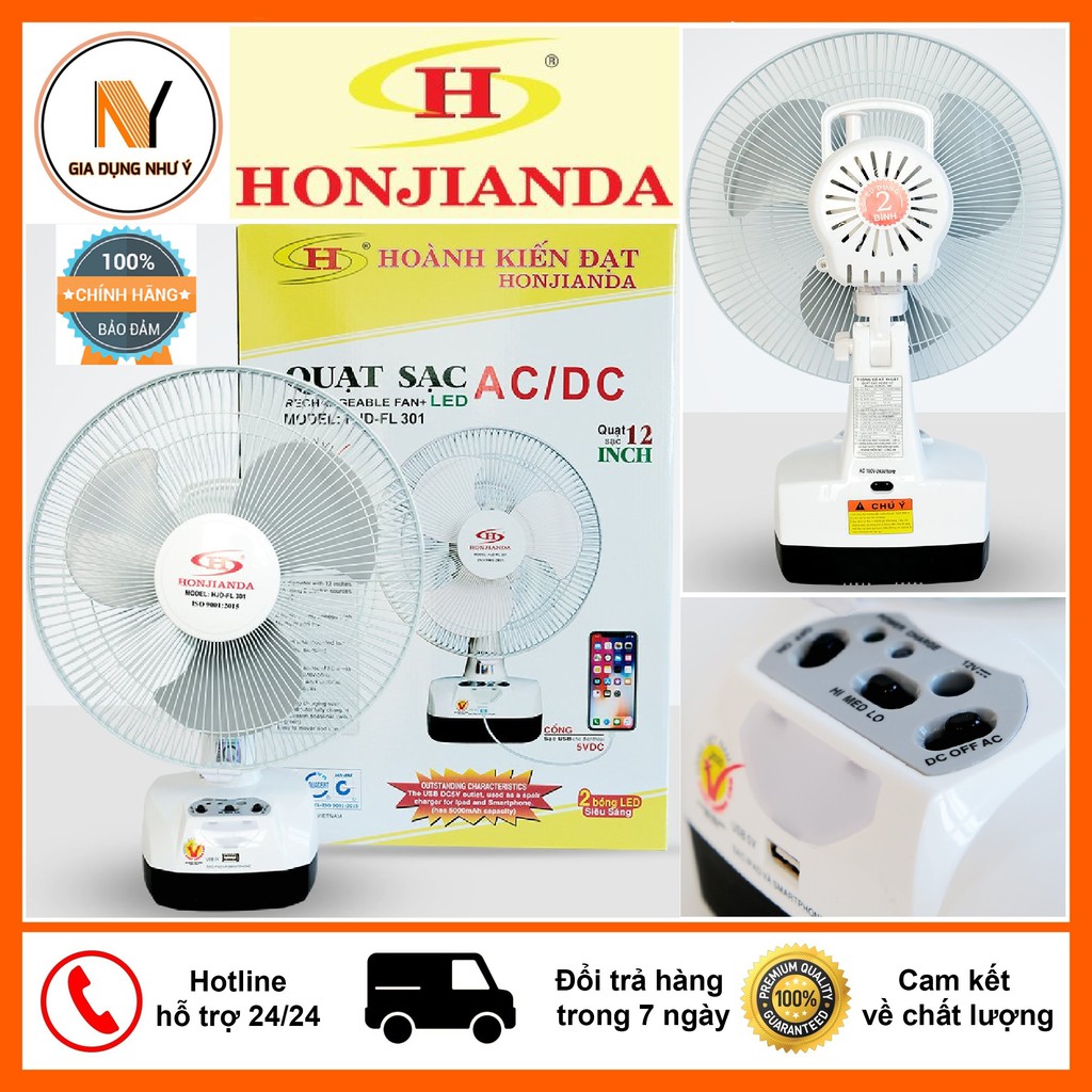 Quạt Tích Điện Honjianda HJD-FL301, Có Ổ Sạc Và Đèn, Bảo Hành Chính Hãng