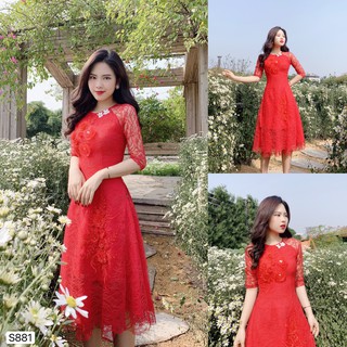 Set áo dài đỏ thêu hoa S881 - Đẹp Shop DVC (Kèm ảnh thật trải sàn do shop tự chụp)