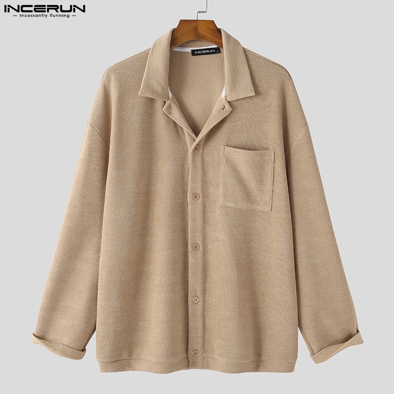 Áo sơ mi INCERUN dài tay màu trơn họa tiết kẻ sọc phối hàng nút thời trang cho nam