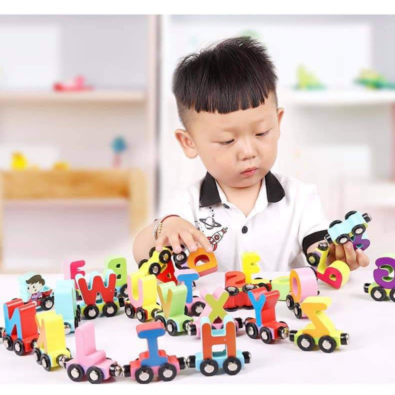 Đoàn tàu nam châm số và chữ cái, đoàn tàu nam châm từ tính, đồ chơi gỗ an toàn cho bé RAMBO TOYS