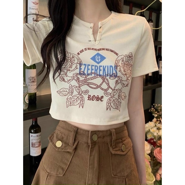 Áo thun hoa hồng cổ xẻ V NY alohashop91