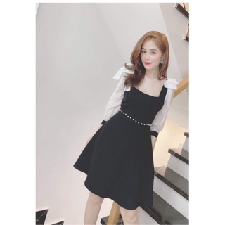 Đầm tiểu thư cổ vuông đính ngọc phối tay lụa