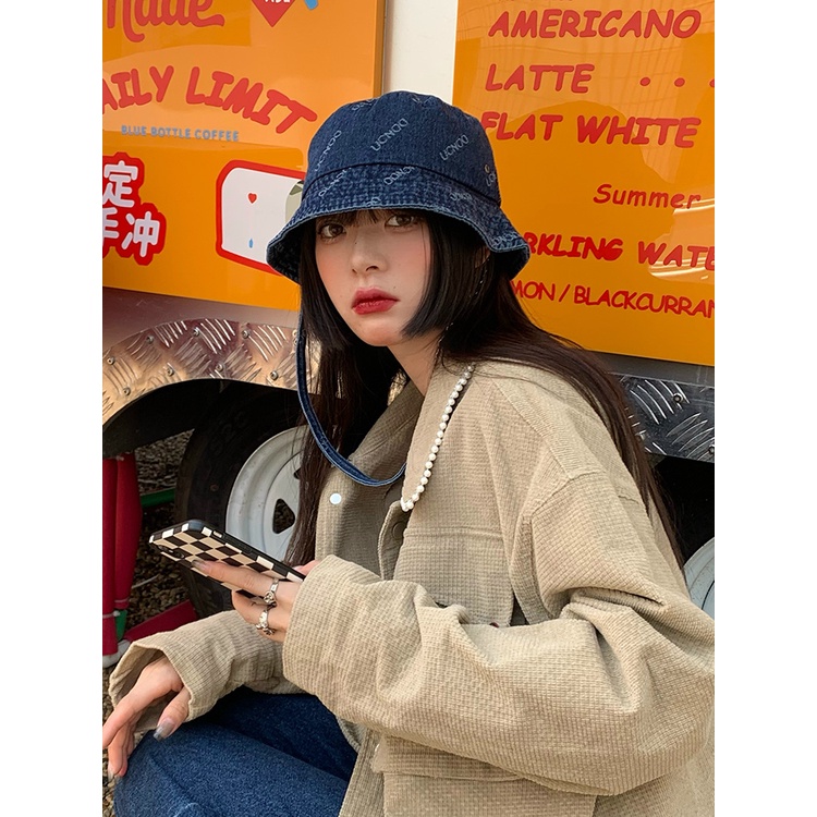 Nón Bucket Phối Dây Xích Dài In Chữ Phong Cách Cao Bồi Nhật Bản Thời Trang Xuân Thu Cá Tính Cho Nữ
